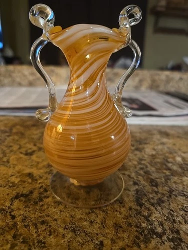 Murano Genuine Venetian Stamped Orange/White Pinstriped Small Glass Vase 5.75"