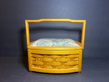 VTG Woven Wooden Fabric Leaf Pattern Top Hinged Lid Sewing Box w/ Removable Tray