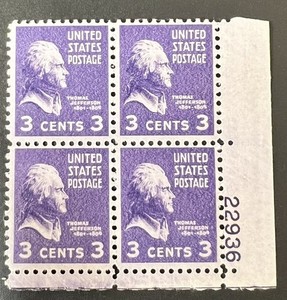 US plate Block of 4 1938 Thomas Jefferson Prexie Series MNH Scott 807 #22936 3c 