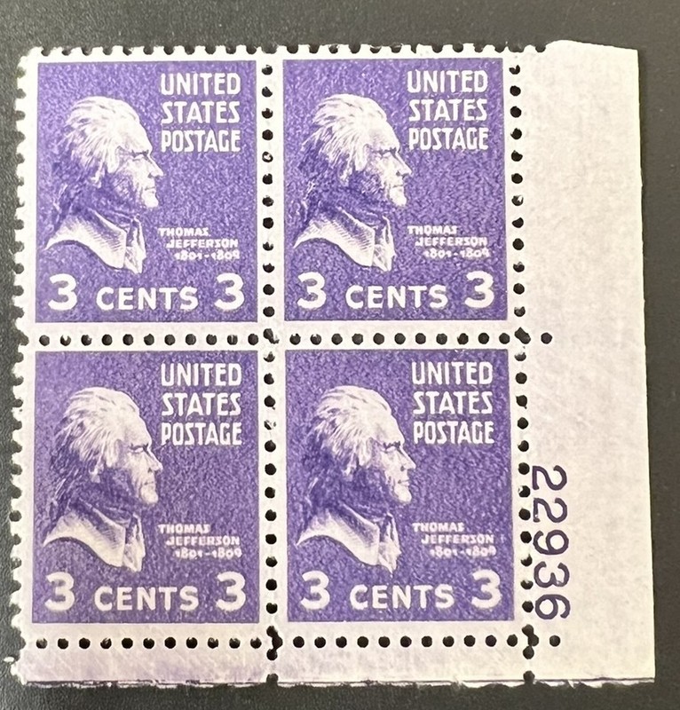 US plate Block of 4 1938 Thomas Jefferson Prexie Series MNH Scott 807 #22936 3c 