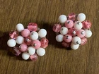 Vintage Pink & Milk Glass Beaded Cluster Silver Tone Clip Earrings