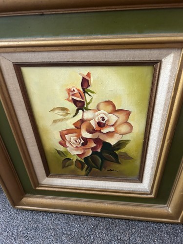VINTAGE rosa Rose Floral Blume Original handbemalt Ölgemälde von Lisa 17x14 - Bild 2 von 5