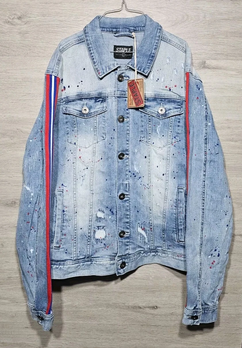 NWT Large Staple Pigeon Splatter Light Stone Wash Denim Jean Jacket Size Unisex