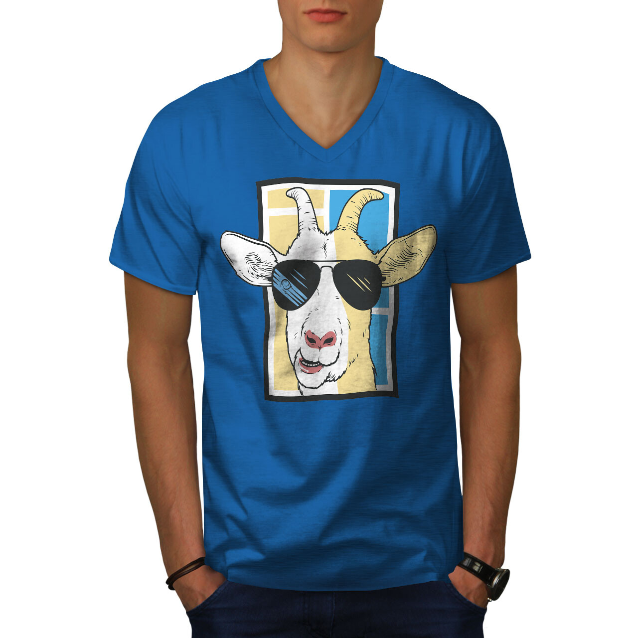 Wellcoda Cool Goat In Sunglasses Funny Stylish Mens V-Neck T-shirt