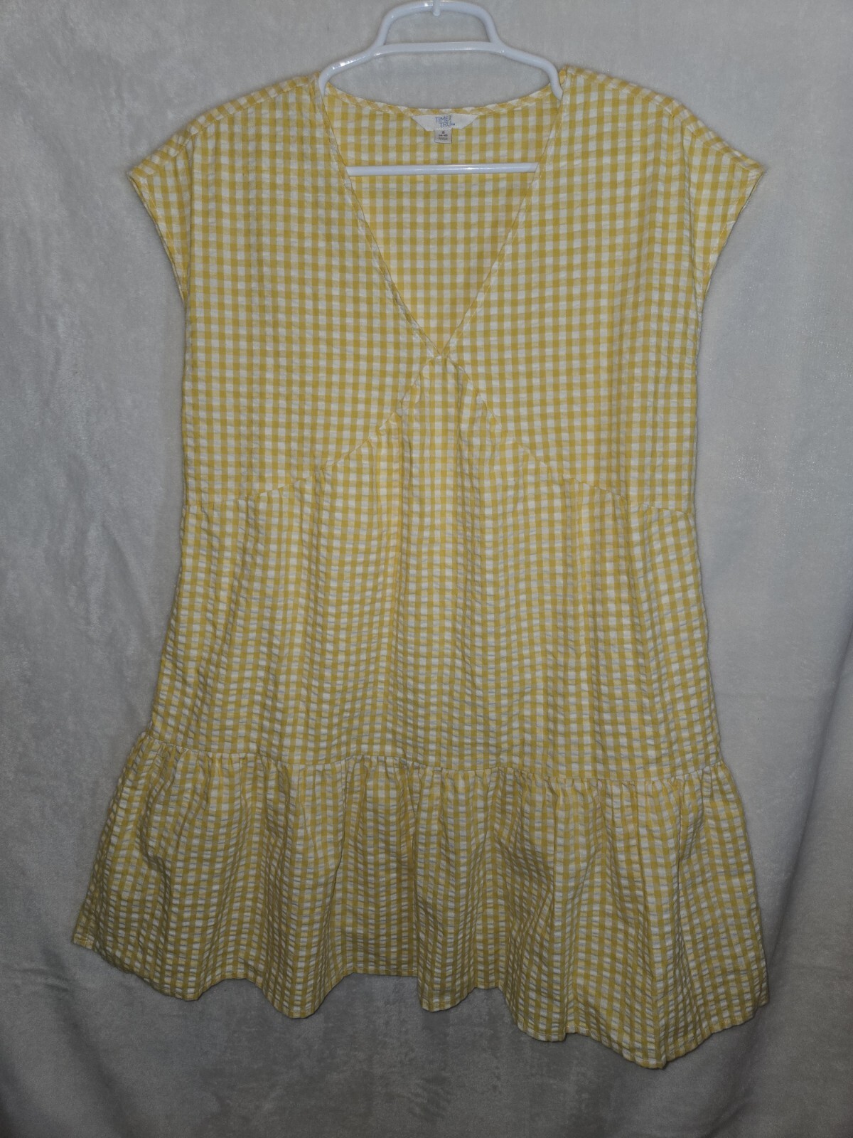 Time and Tru Yellow Gingham Seersucker Dress Tiered Knee Length Large