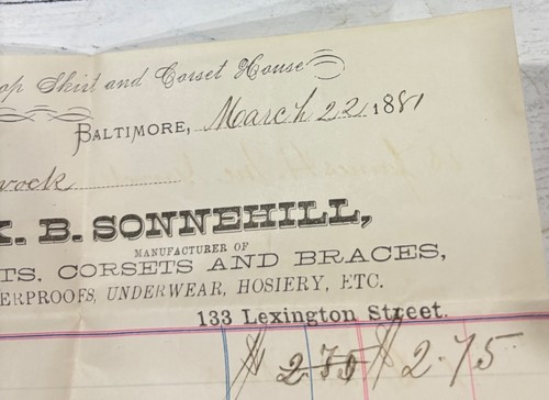Antique 1871 Baltimore Receipt KB Sonnehill Hoop Skirts Corsets ephemera writing - Picture 5 of 7