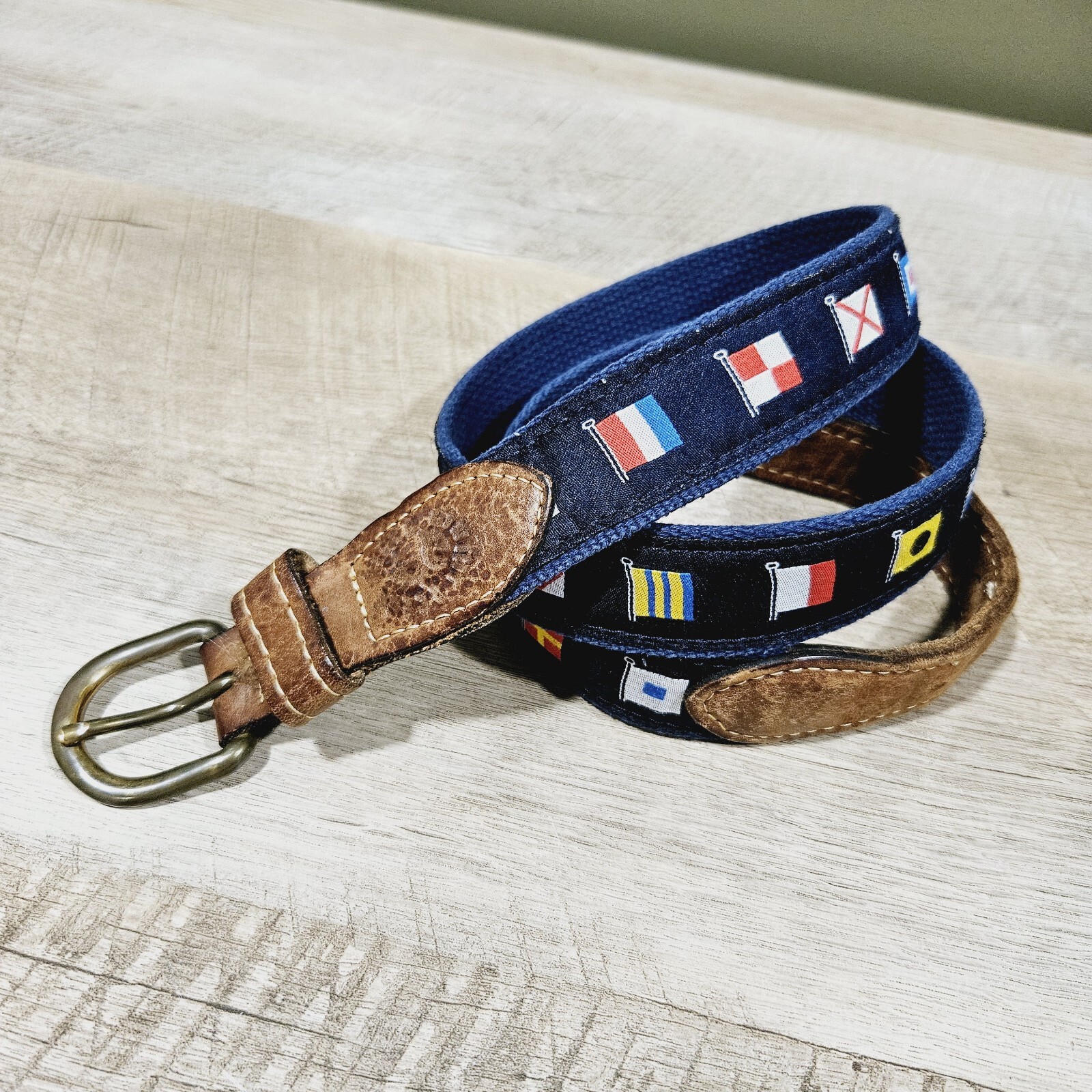 Leather Belt Size 36 Navy Blue Canvas Code Flag Nautical Handcrafted-image