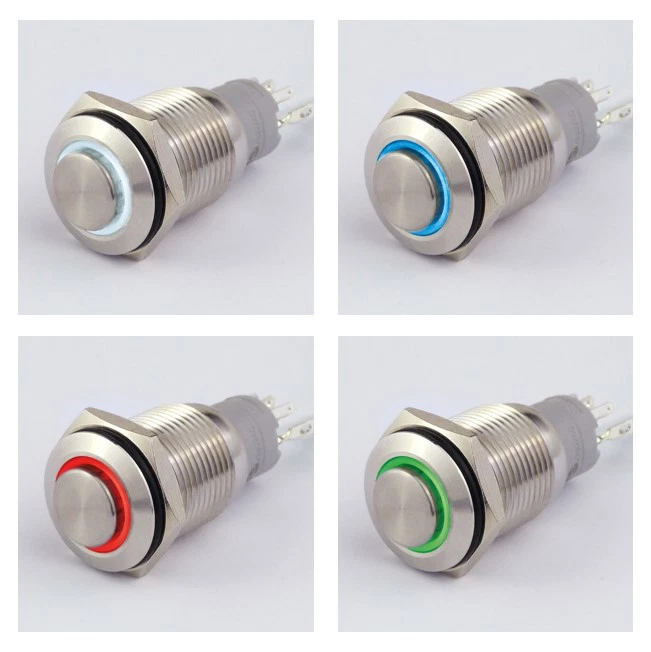 Druck-Taster / Schalter Edelstahl IP67 12 mm LED Ring Schließer 36 V / 2 A 13507