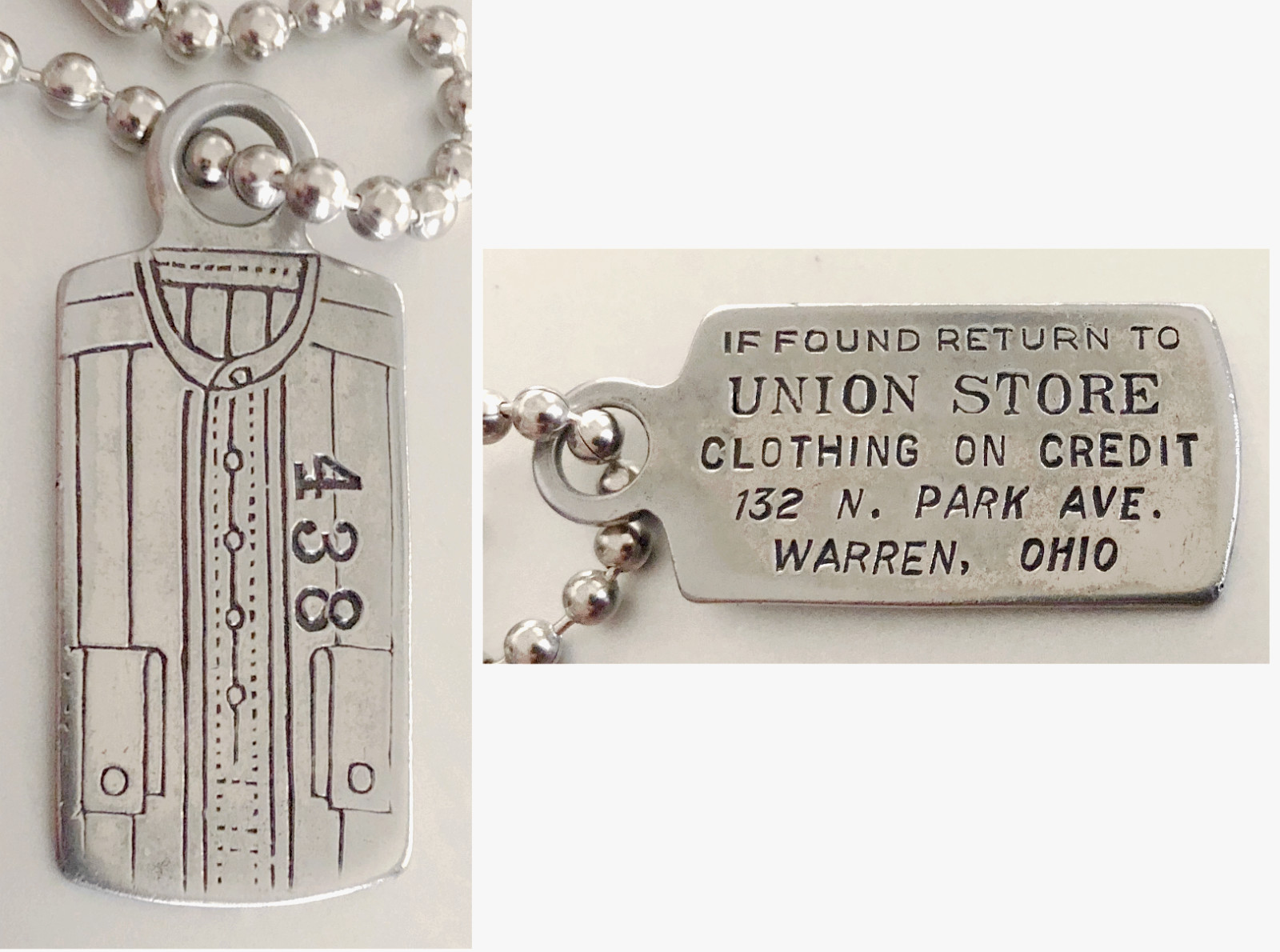 VTG Figural Charge Coin Tag: UNION STORE; Clothes; Warren Ohio; Jacket Shaped