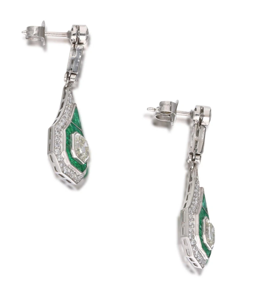Egyptian Art Deco Style White Lab-Created Diamonds & Green Emeralds Earrings - Image 3 of 4