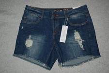Jr Womens DARK BLUE JEAN SHORTS Low Rise DISTRESSED Raw Hem 5-6 7-8