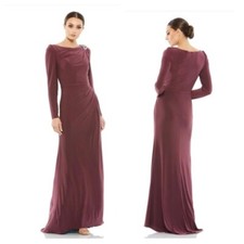 IEENA FOR Mac Duggal Draped Boat Neck Long Sleeve Trumpet Gown SIZE 6 PLUM NWOT