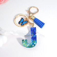 Blue Butterfly Tassel Letter J Keychain Wallet Backpack Car Key Pendant Gift New