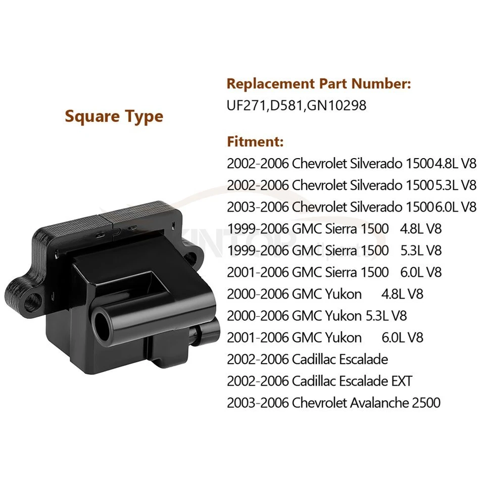 8 квадратных катушек зажигания для Cadillac Escalade ESV EXT Hummer H2 2002 2003-2006 - Изображение 4 из 4