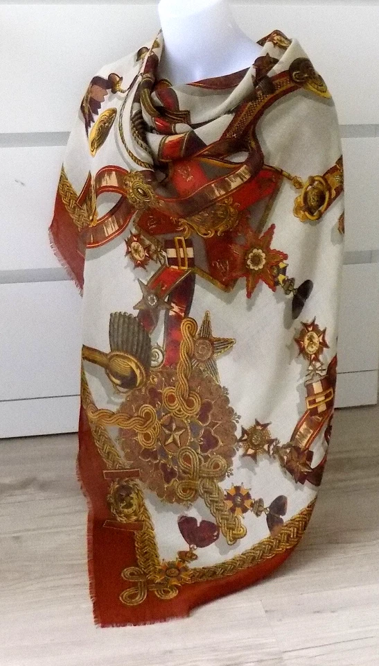 CODELLO Vintage Hermoso Mantón Grande/Bufanda Lana/Seda Impreso a Mano Italia Foto 4 de 4