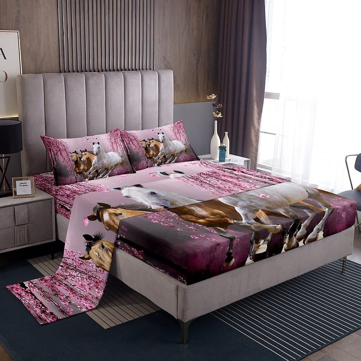 Feelyou Boys Horse Bed Sheets Cherry Blossom Branches Steed Kids Sheet Set 