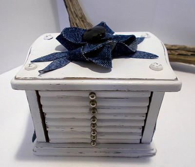 Wood and Cork Coasters w Denim Rose & Wooden Box Holder Painted and Distressed