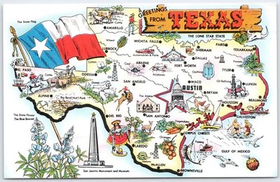 Vintage Texas Map Postcard Lone Star State 1960 Population