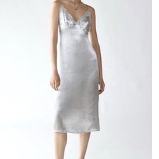 Urban Outfitters Silver Metallic Satin Lace Trim Slip Midi Dress Open Back M