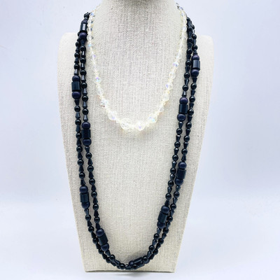 Beaded Necklaces Lot of 2 Aurora Borealis AB Crystal and Long Black Strand
