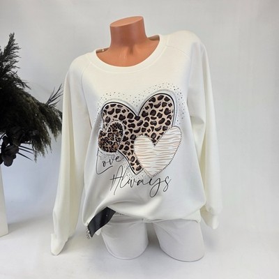 Damen Pulli Oversize Sweatshirt 38-42 Off Weiß Leoparden Herz Strass Italy