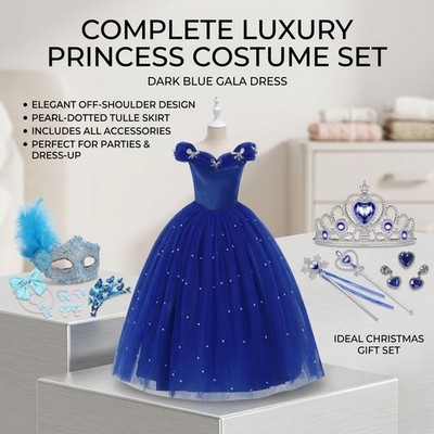 Girls Blue Princess Dress Elegant Party Gown Kids Off Shoulder Puff Sleeve Dress