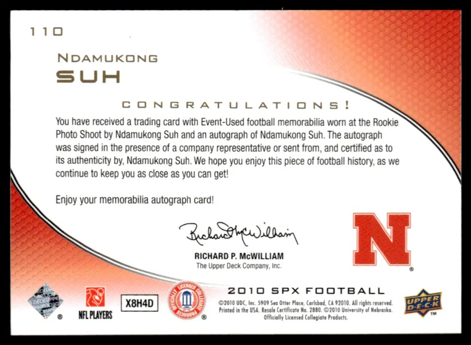 Parche de novato SPx 2010 autógrafos naranja Ndamukong Suh novato automático 77/99 Nebraska Foto 2 de 2