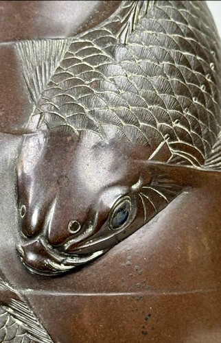 FINE Antique Japanese MEIJI Period Bronze Mixed Metals Vase Signed KATSUYOSHI - Picture 9 of 13