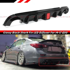 FOR 2014-2017 INFINITI Q50 GLOSSY BLACK REAR BUMPER DIFFUSER W/ LED BRAKE LIGHT