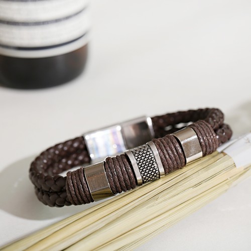 2 Pcs Men's Stainless Steel Clasp Cuff Leather Braided Bangle Jewelry Wrist Band - Picture 7 of 77