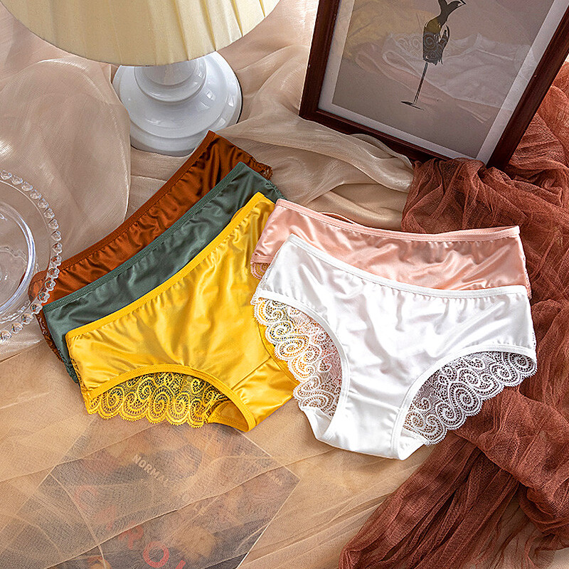 Womens Panties Satin Briefs Lace Seamless Underwear Lingerie Knickers Briefs ❃ E