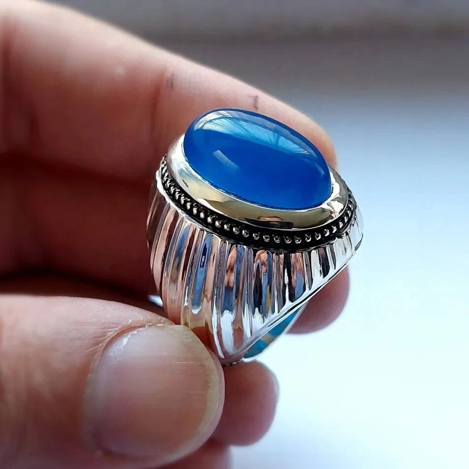 Blue Yemeni Aqeeq Akik Silver Ring Natural Blue Yamani Haqeeq Ring Men Real Akik