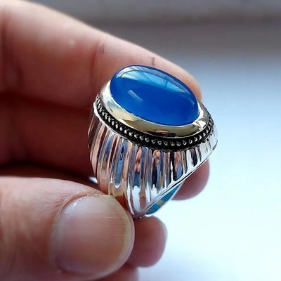 Bague en argent bleu yéménite Aqeeq Akik bleu naturel Yamani