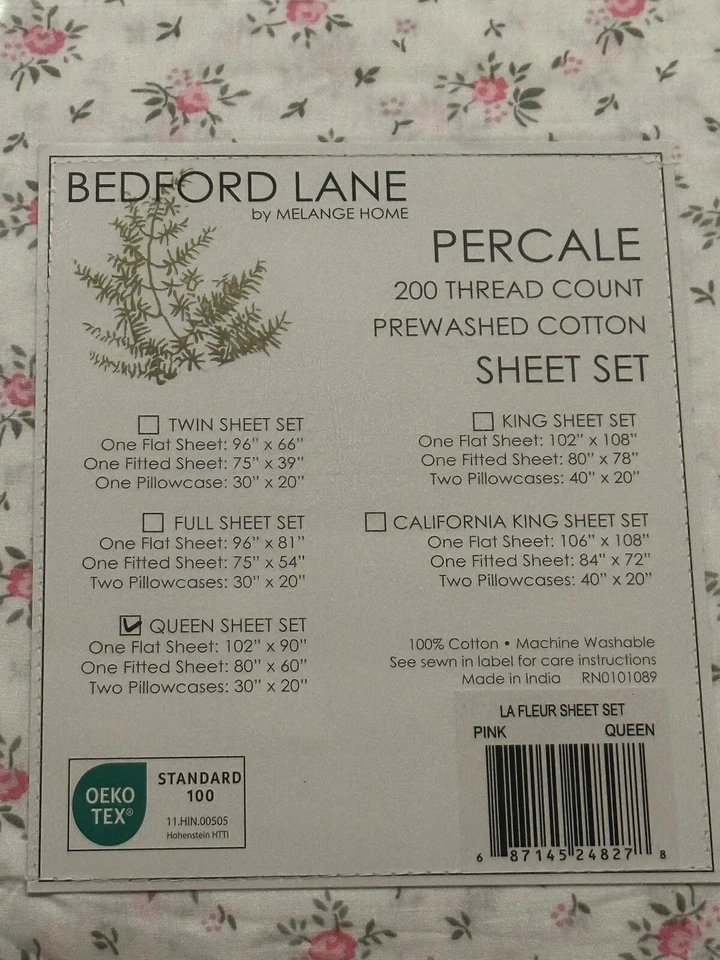 BEDFORD LANE MELANGE HOME PERCALE Pink Floral QUEEN Sheets NEW Farmhouse Cottage - Image 4 of 4
