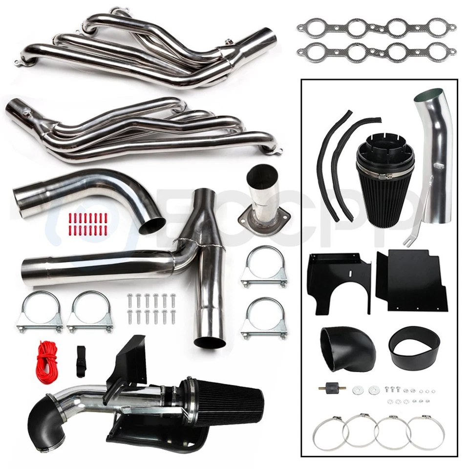 For 99-06 Chevy GMC GMT800 Long Tube Exhaust Headers Kit + 4" Cold Air Intake Foto 3 de 4