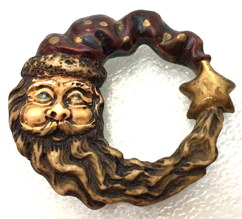 Vintage Weihnachten Brosche Anstecknadel Weihnachtsmann Mond Stern Halbmond braun Harz Volkskunst 2"