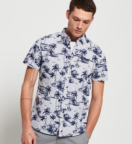 Superdry international vacation shirt short sleeve optic white hibiscus blue M - Picture 2 of 22