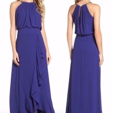 NEW ELIZA J Halter Neck Sleeveless Blouson Ruffle GOWN Sz 2P $188 BLUISH PURPLE