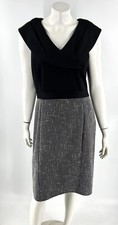 Tahari ASL Tweed Sheath Dress Size 12 Black White V Neck Cap Sleeve Womens