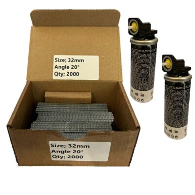Abgewinkelte 16 Stärke 20° Brads für Paslode IM65A 2000 x Nägel / Brads 32 mm + 2 x Gas
