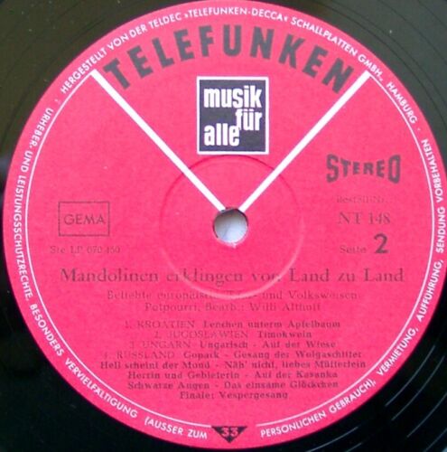 WILLI ALTHOFF - Mandolines Play Famous Continental Melodies LP - 1970's Germany - Picture 4 of 4