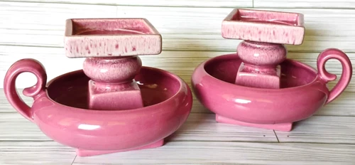 Pair Vintage Haeger Pottery Tape Candle Holders Pink Geometrical Square & Round
