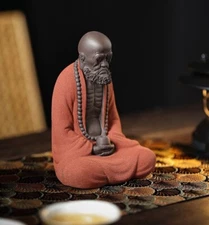 4.9" Chinese Zi Sha Sand Meditation Dharma Statue Old Monk Zen Decor