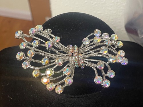 Vintage 3.5” Brooch silver tone opalescent AB Rhinestones ornate assymetrical - Imagen 4 de 5