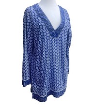 La Blanca Swimsuit Cover-Up Tunic Top Medium Sand Dollar Blue White V-Neck