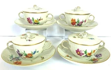 KPM Berlin Porcelain Neuosier Flowers Floral Butterflies 4 Soup Cups Lid Saucer