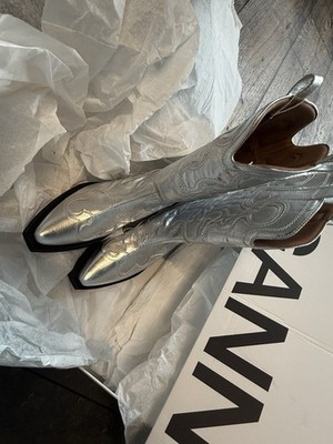 GANNI Metallic Silber Cowboystiefel Texan Bestickt Leder EU37 Neu mit Karton
