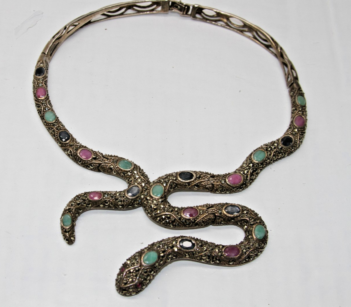 Ruby, Emerald, Sapphire, Marcasite Snake Necklace… - image 2