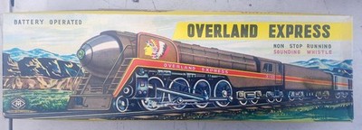 1960s BATTERY OP. TIN LITHO OVERLAND EXPRESS TRAIN 3140 - INDIAN LOGO - WITH BOX