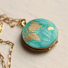 World Map Gold & Turquoise Locket Necklace